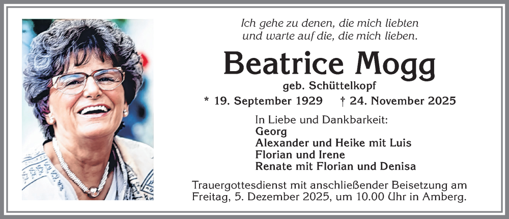  Traueranzeige für Beatrice Mogg vom 29.11.2025 aus Augsburger Allgemeine, Mindelheimer Zeitung