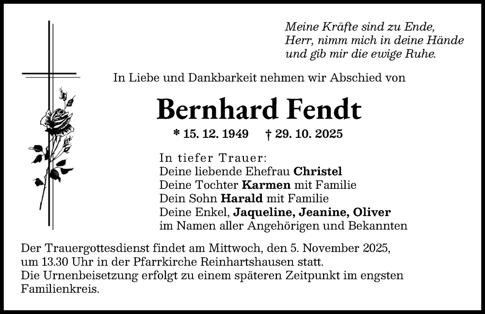 Traueranzeige von Bernhard Fendt von Schwabmünchner Allgemeine