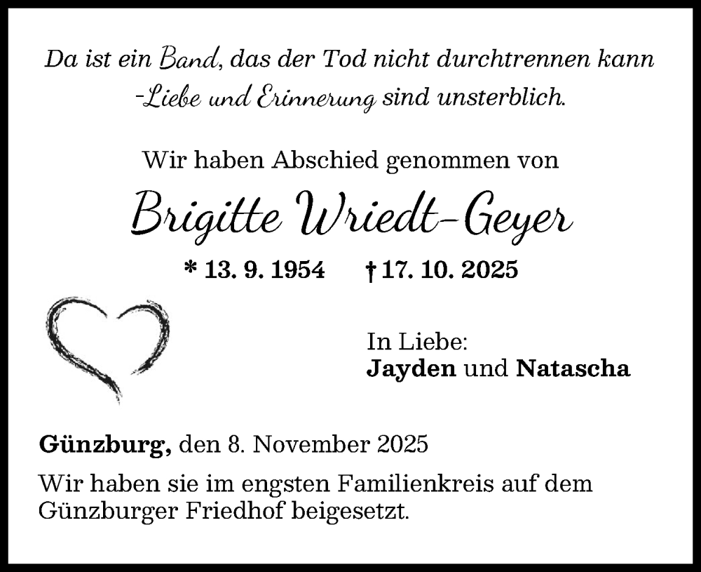  Traueranzeige für Brigitte Wriedt-Geyer vom 08.11.2025 aus Günzburger Zeitung