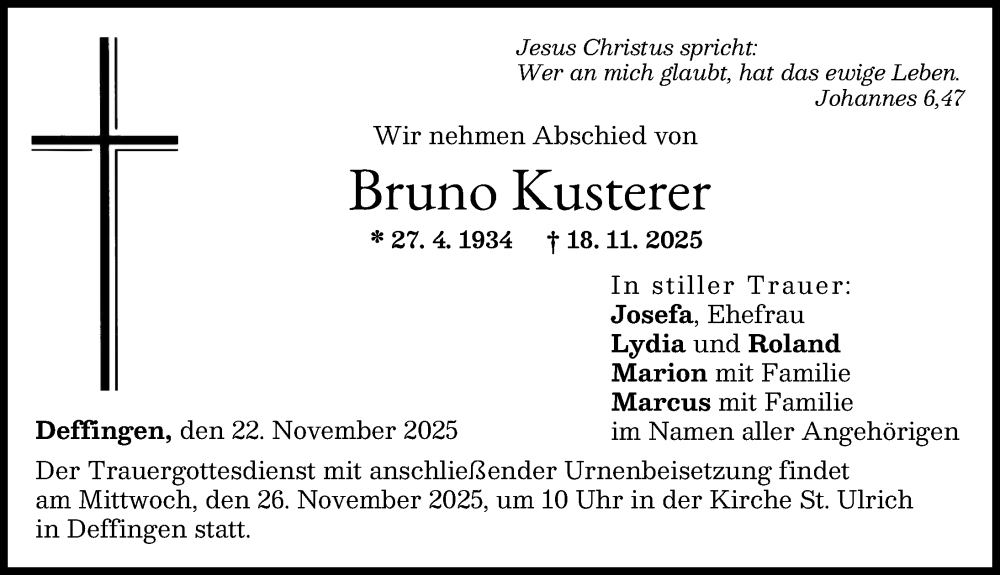  Traueranzeige für Bruno Kusterer vom 22.11.2025 aus Günzburger Zeitung