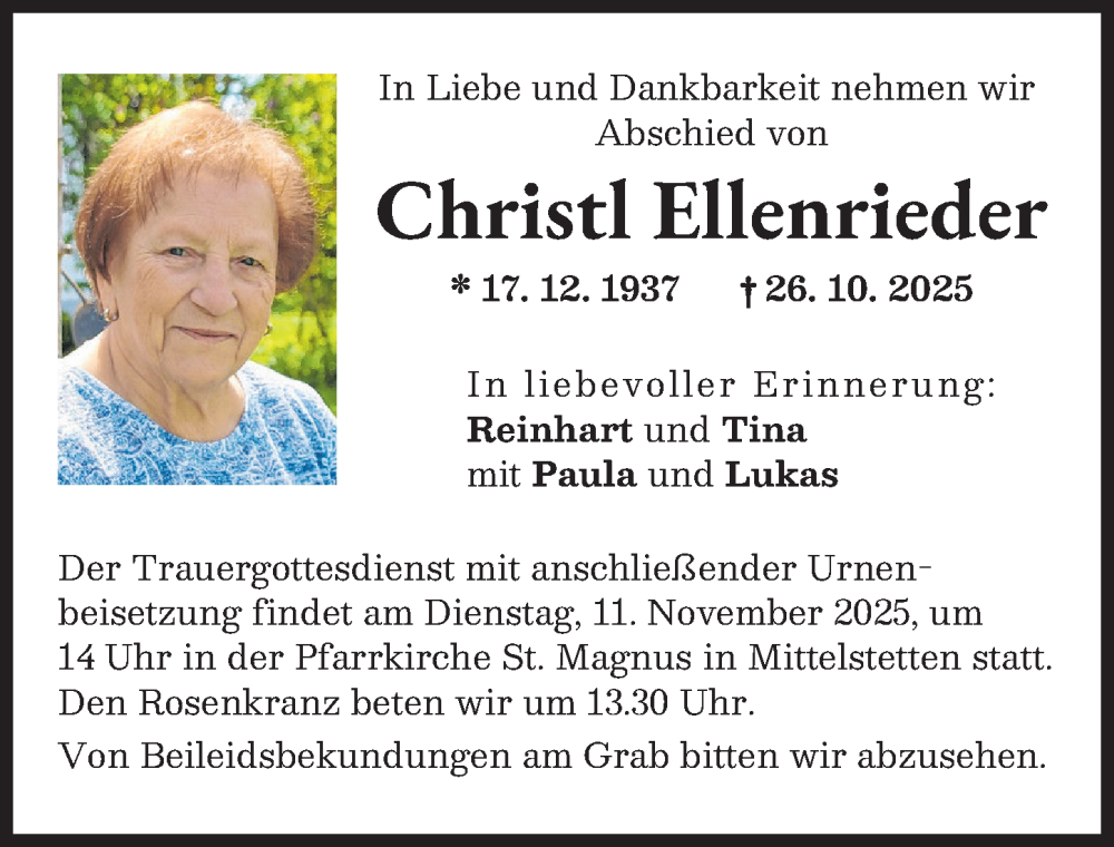 Traueranzeige von Christl Ellenrieder von Schwabmünchner Allgemeine