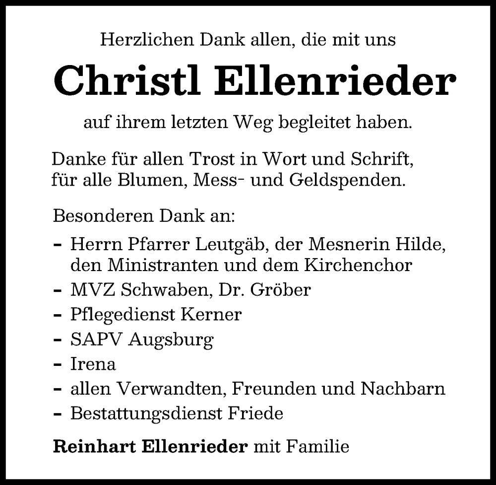Traueranzeige von Christl Ellenrieder von Schwabmünchner Allgemeine