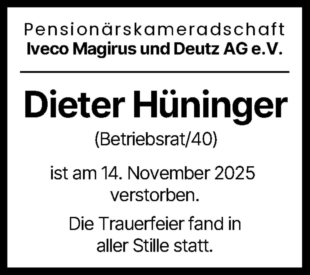 Traueranzeige von Dieter Hüninger von Neu-Ulmer Zeitung, Günzburger Zeitung, Illertisser Zeitung