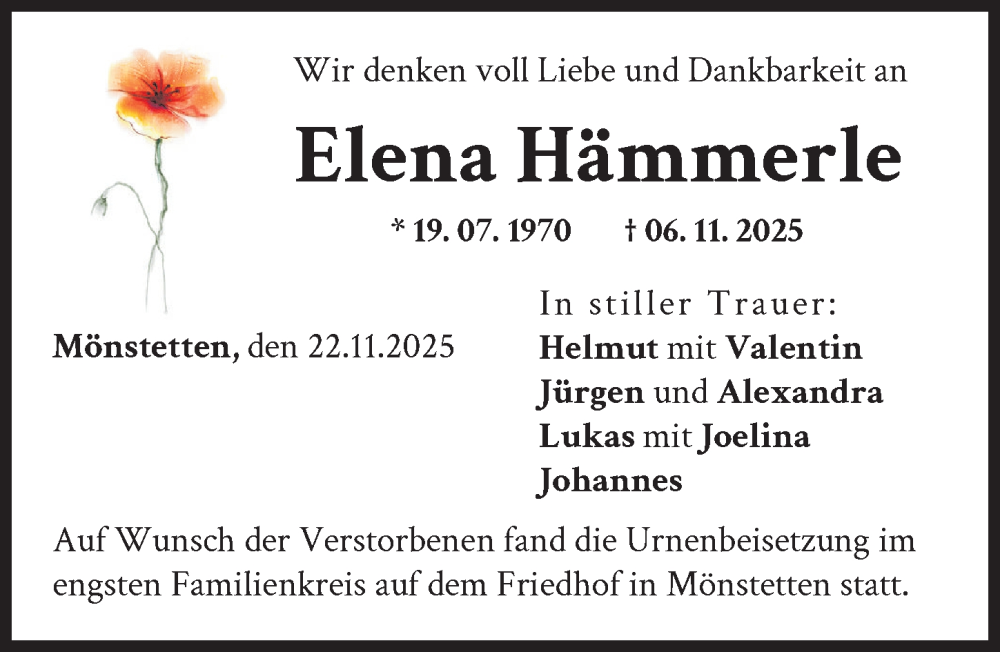 Traueranzeige von Elena Hämmerle von Günzburger Zeitung