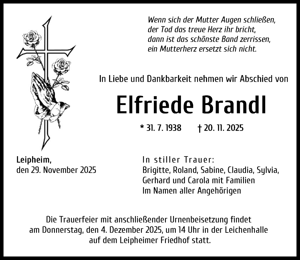  Traueranzeige für Elfriede Brandl vom 29.11.2025 aus Günzburger Zeitung