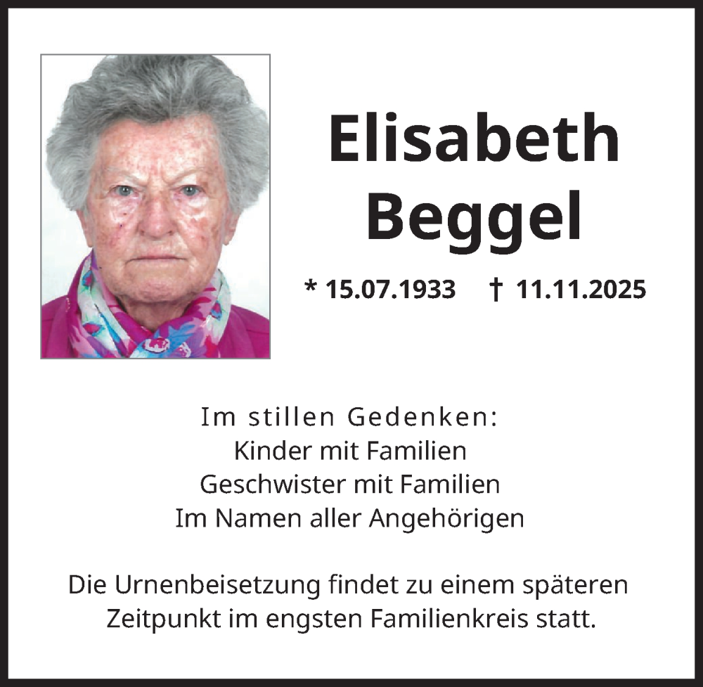 Traueranzeige von Elisabeth Beggel von Schwabmünchner Allgemeine