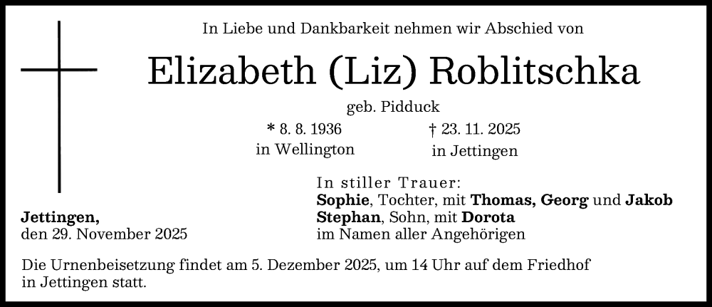  Traueranzeige für Elizabeth Roblitschka vom 29.11.2025 aus Günzburger Zeitung