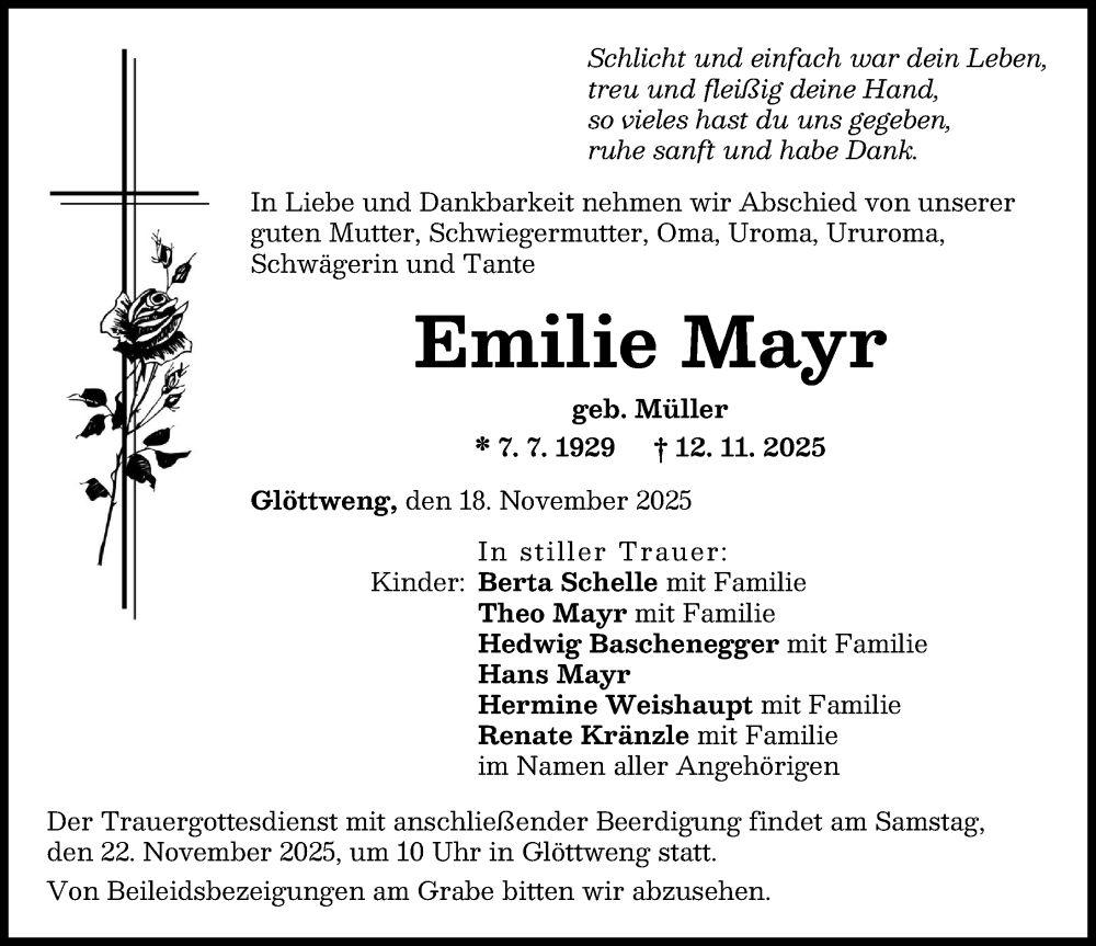 Traueranzeige von Emilie Mayr von Günzburger Zeitung