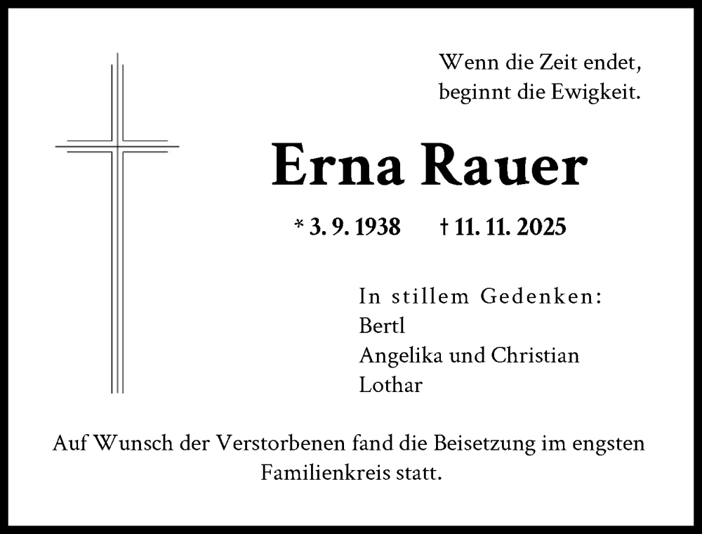  Traueranzeige für Erna Rauer vom 29.11.2025 aus Friedberger Allgemeine