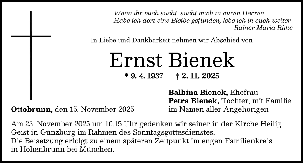  Traueranzeige für Ernst Bienek vom 15.11.2025 aus Günzburger Zeitung