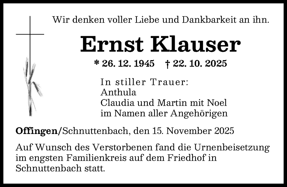 Traueranzeige von Ernst Klauser von Günzburger Zeitung