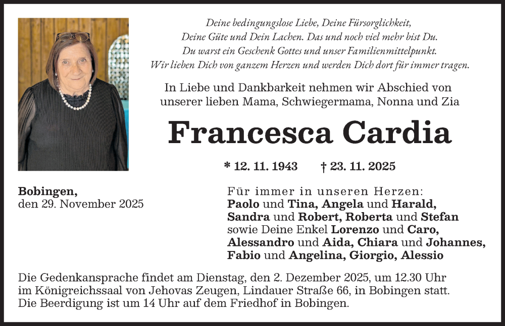 Traueranzeige von Francesca Cardia von Schwabmünchner Allgemeine
