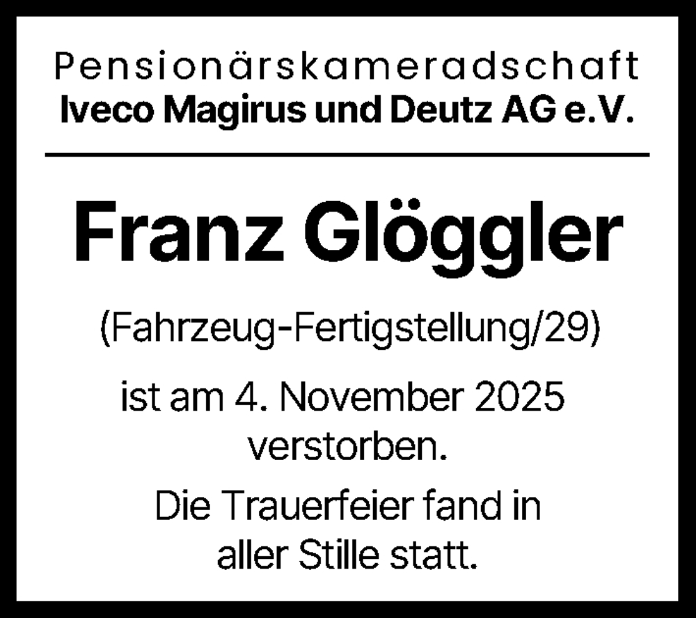 Traueranzeige von Franz Glöggler von Neu-Ulmer Zeitung, Günzburger Zeitung, Illertisser Zeitung