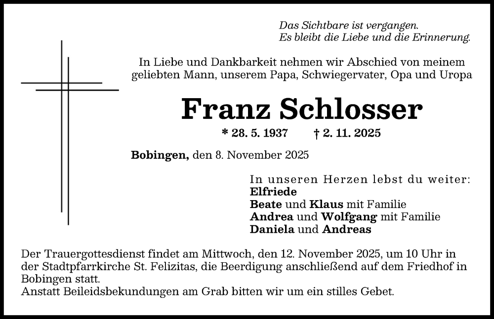 Traueranzeige von Franz Schlosser von Schwabmünchner Allgemeine