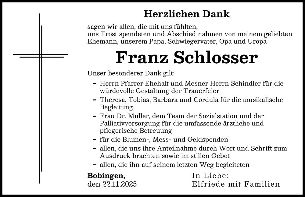 Traueranzeige von Franz Schlosser von Schwabmünchner Allgemeine