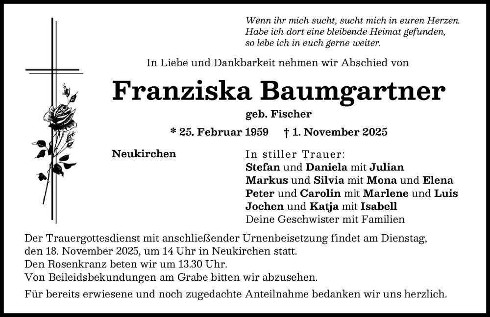  Traueranzeige für Franziska Baumgartner vom 08.11.2025 aus Augsburg-Land, Aichacher Nachrichten