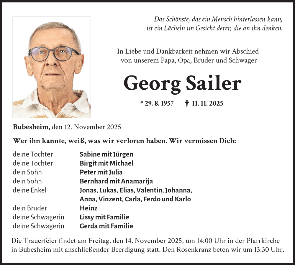 Traueranzeige von Georg Sailer von Günzburger Zeitung