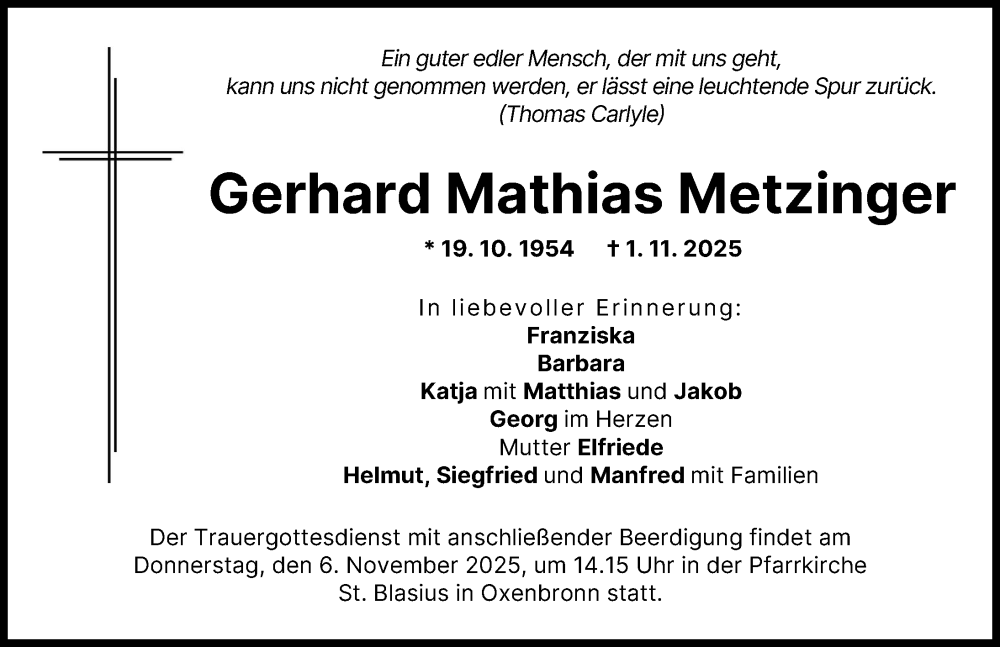 Traueranzeige von Gerhard Mathias Metzinger von Günzburger Zeitung, Mittelschwäbische Nachrichten
