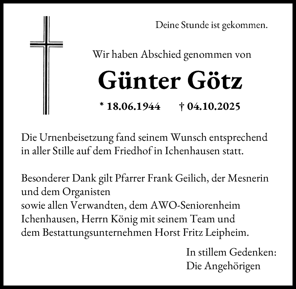 Traueranzeige von Günter Götz von Günzburger Zeitung