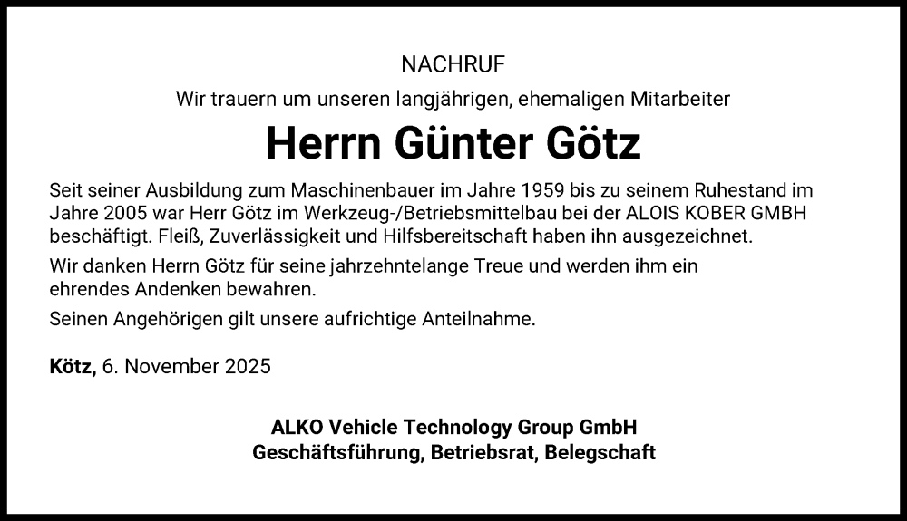 Traueranzeige von Günter Götz von Günzburger Zeitung
