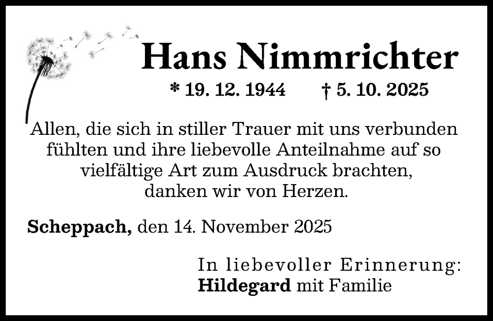 Traueranzeige von Hans Nimmrichter von Günzburger Zeitung