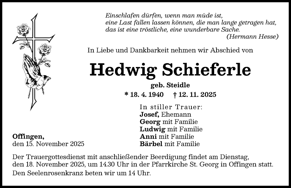 Traueranzeige von Hedwig Schieferle von Günzburger Zeitung