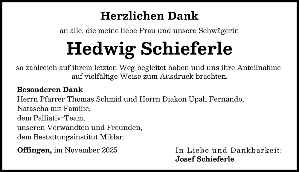 Traueranzeige von Hedwig Schieferle von Günzburger Zeitung
