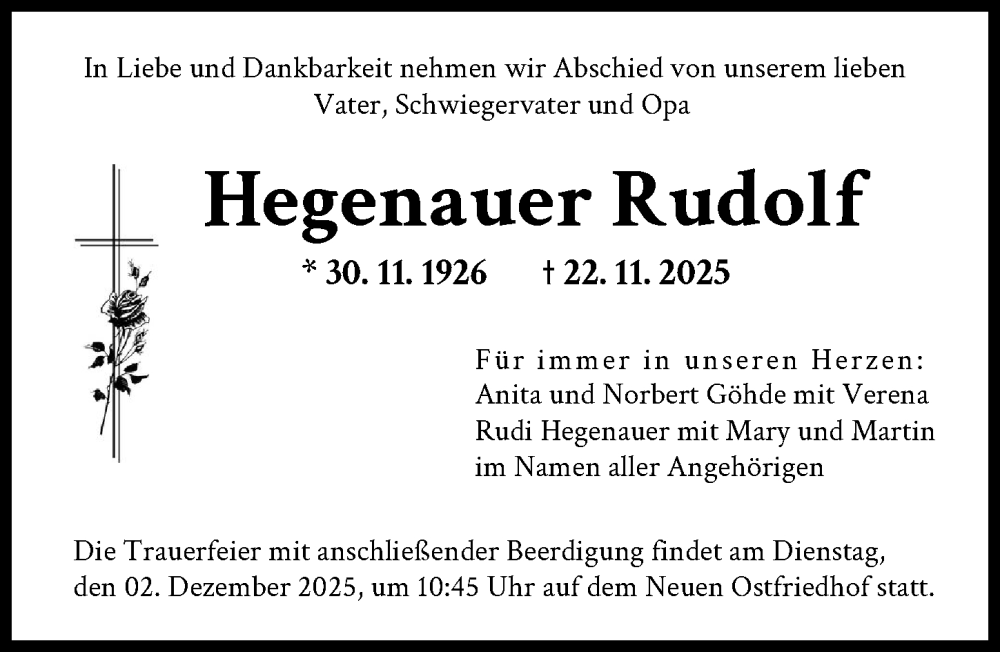  Traueranzeige für Hegenauer Rudolf vom 29.11.2025 aus Augsburger Allgemeine