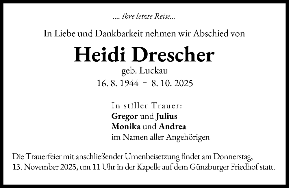  Traueranzeige für Heidi Drescher vom 08.11.2025 aus Günzburger Zeitung