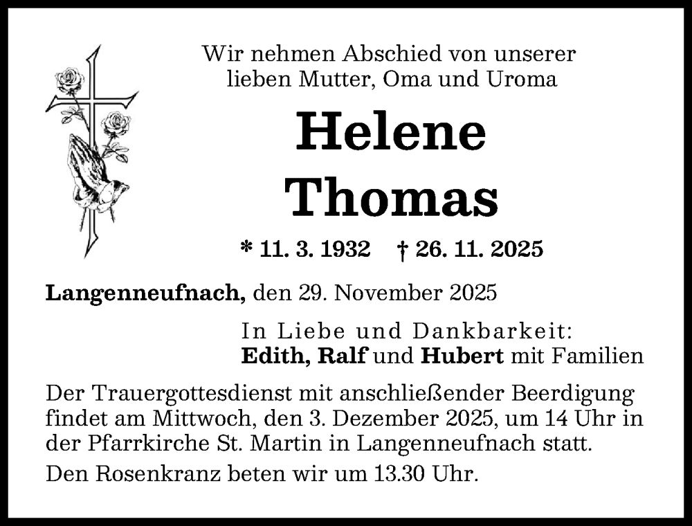 Traueranzeige von Helene Thomas von Schwabmünchner Allgemeine