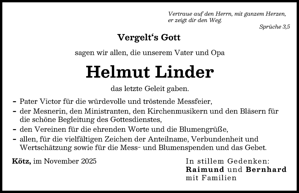 Traueranzeige von Helmut Linder von Günzburger Zeitung