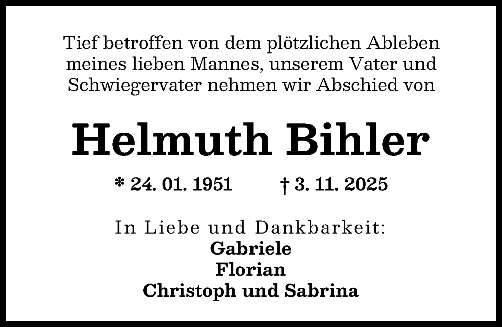  Traueranzeige für Helmuth Bihler vom 29.11.2025 aus Günzburger Zeitung