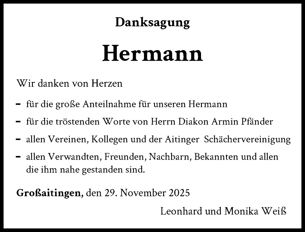 Traueranzeige von Hermann  von Schwabmünchner Allgemeine