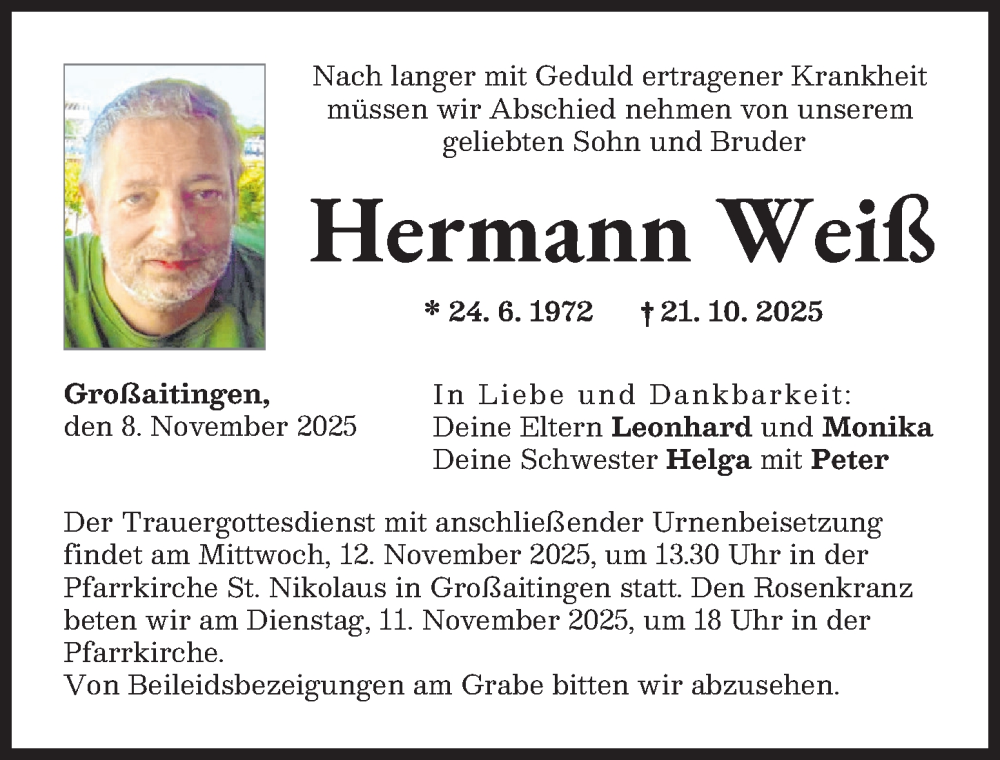 Traueranzeige von Hermann Weiß von Schwabmünchner Allgemeine