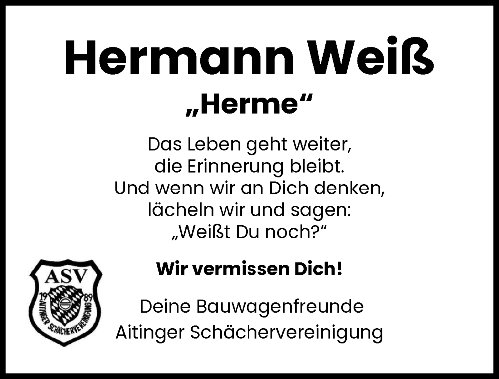 Traueranzeige von Hermann Weiß von Schwabmünchner Allgemeine