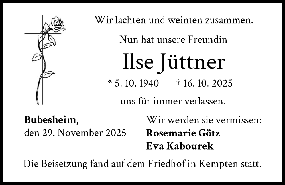  Traueranzeige für Ilse Jüttner vom 29.11.2025 aus Günzburger Zeitung