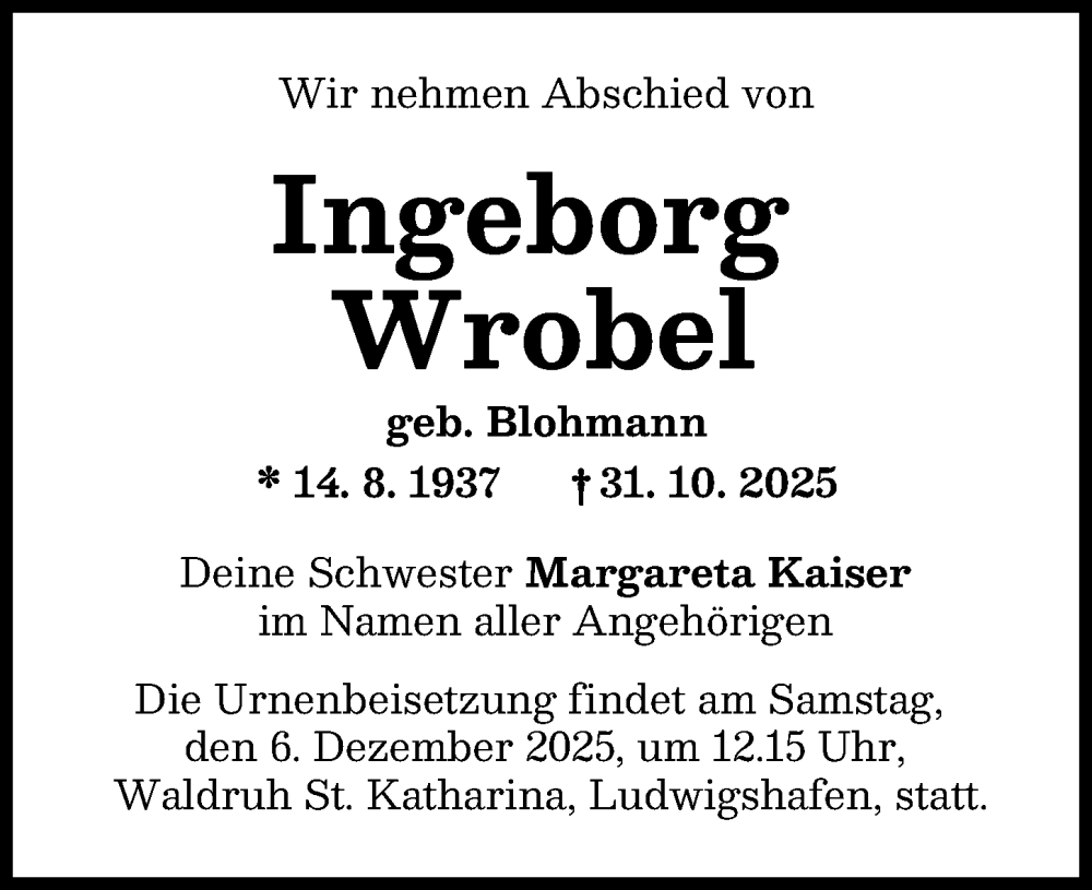 Traueranzeige von Ingeborg Wrobel von Schwabmünchner Allgemeine