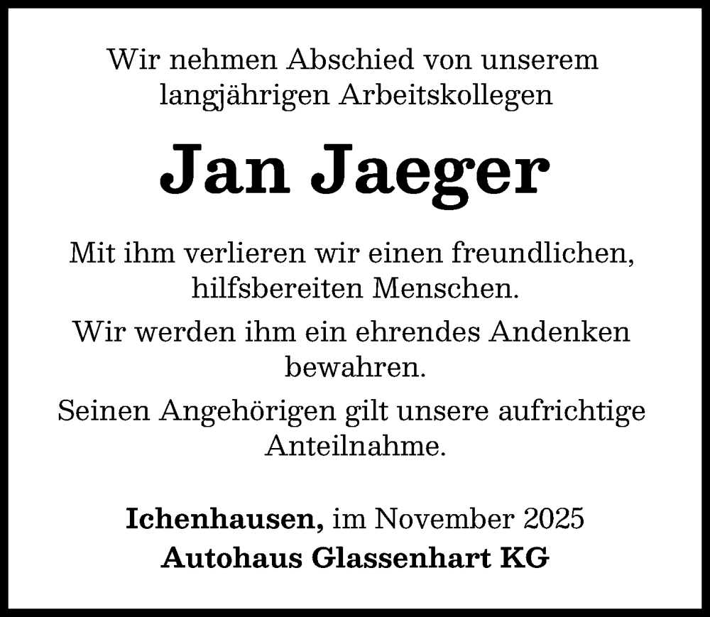 Traueranzeige von Jan Jaeger von Günzburger Zeitung