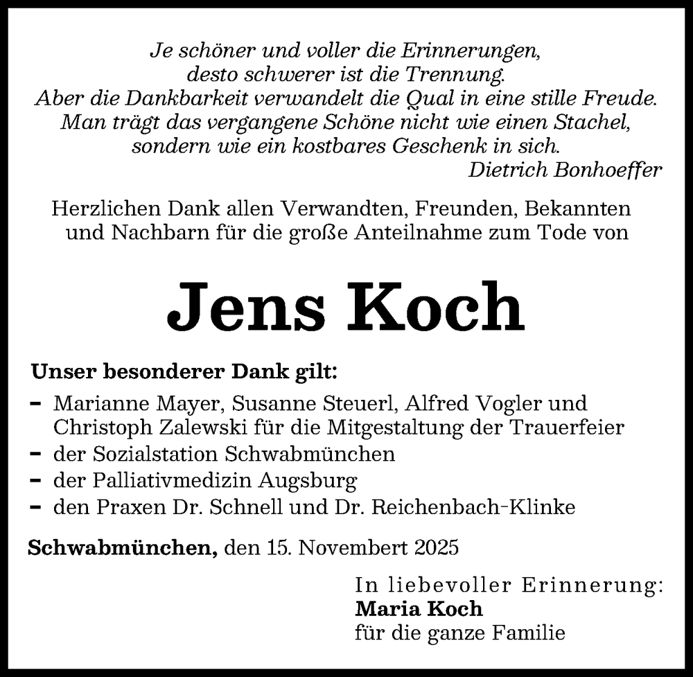 Traueranzeige von Jens Koch von Schwabmünchner Allgemeine