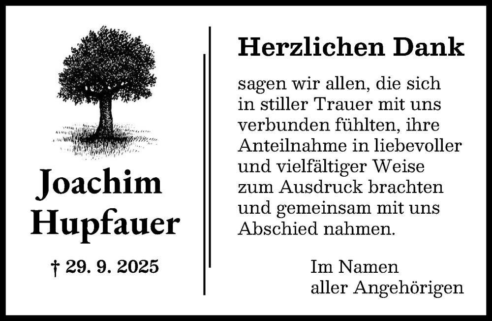 Traueranzeige von Joachim Hupfauer von Neu-Ulmer Zeitung