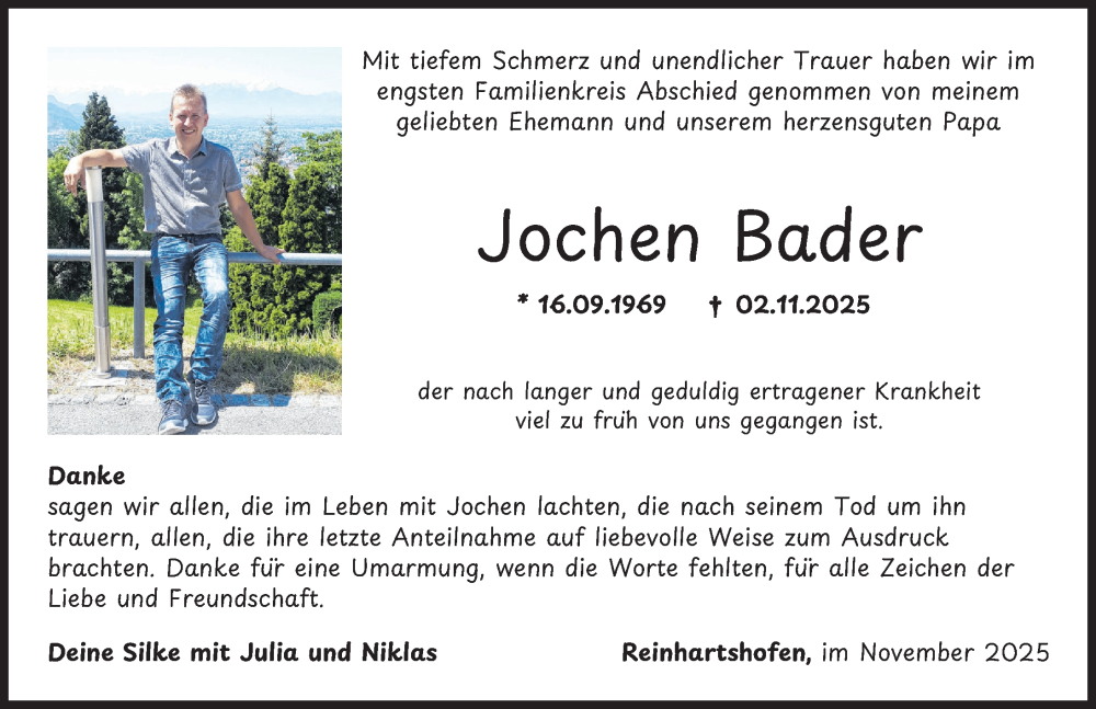 Traueranzeige von Jochen Bader von Schwabmünchner Allgemeine