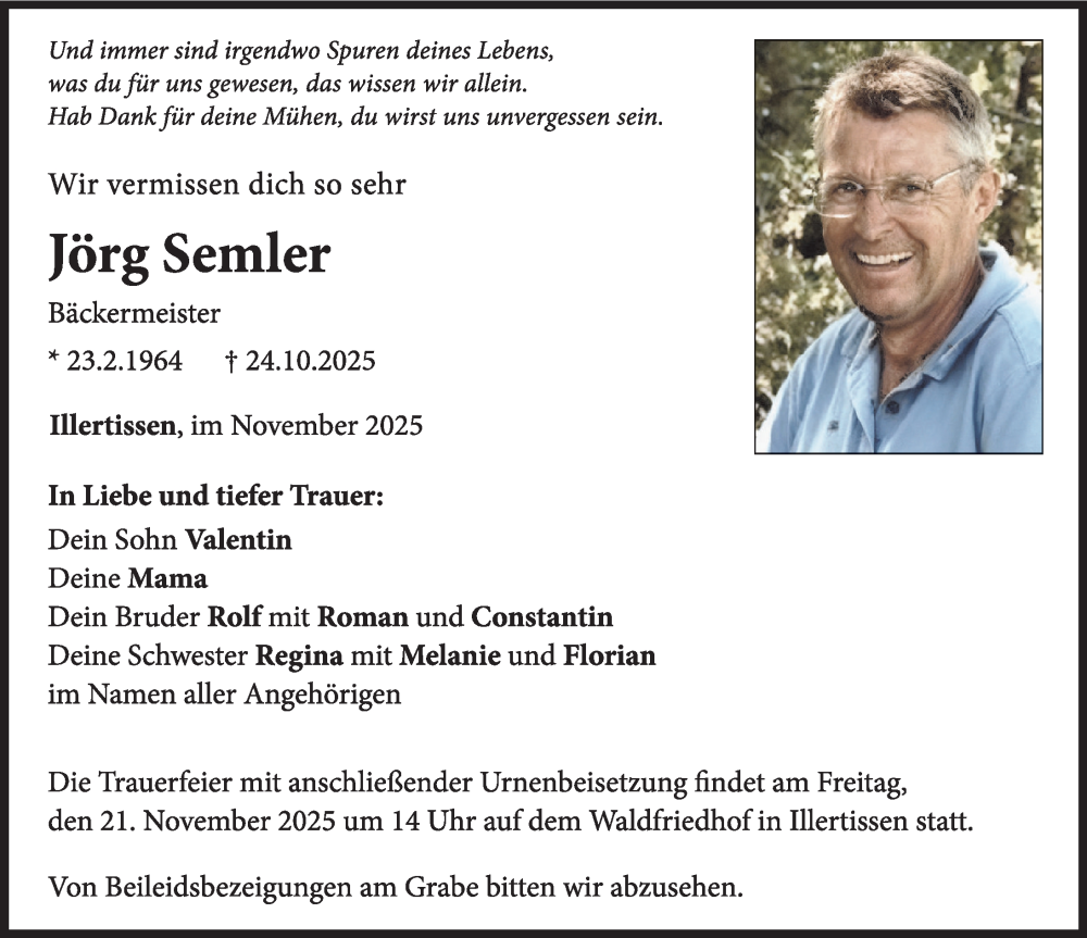  Traueranzeige für Jörg Semler vom 08.11.2025 aus Illertisser Zeitung