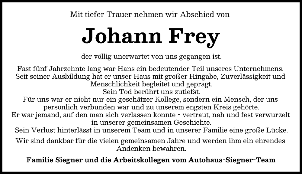 Traueranzeige von Johann Frey von Günzburger Zeitung