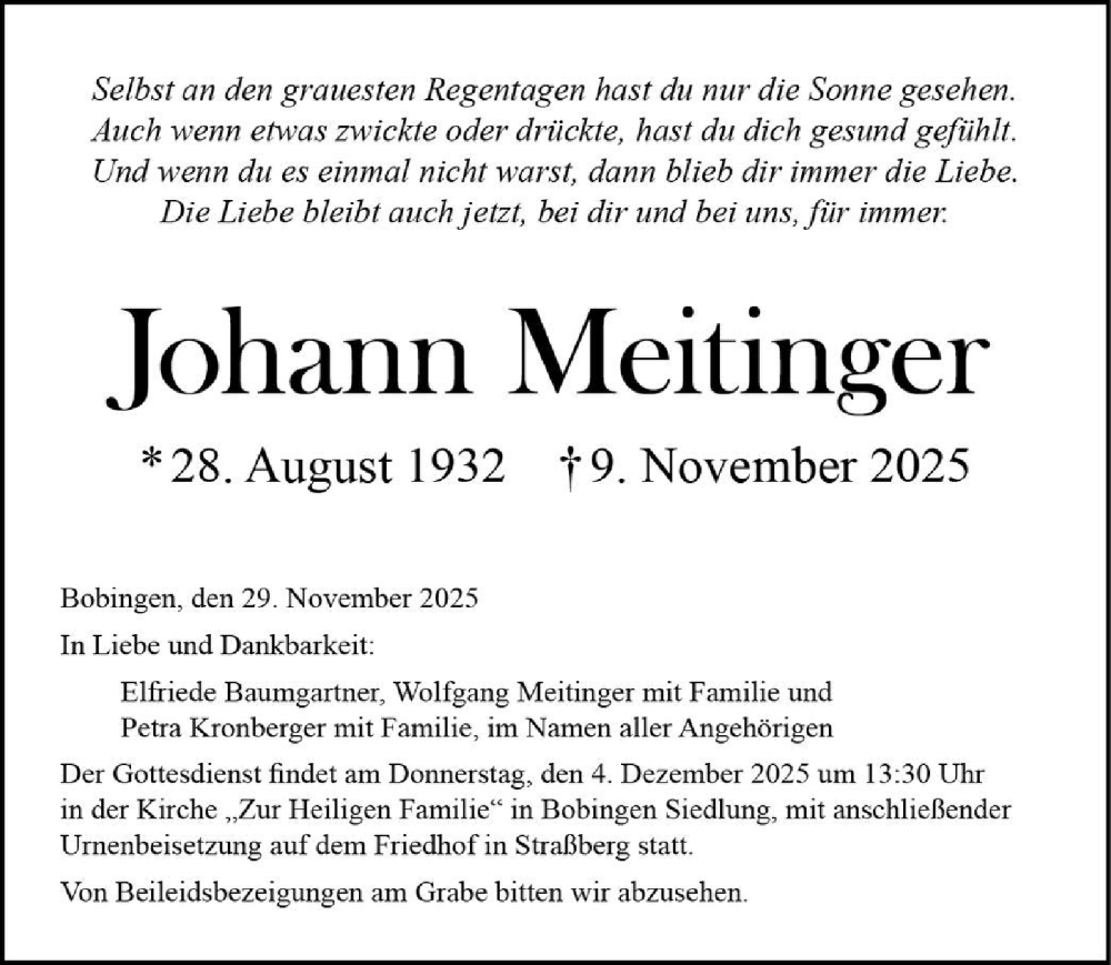 Traueranzeige von Johann Meitinger von Schwabmünchner Allgemeine