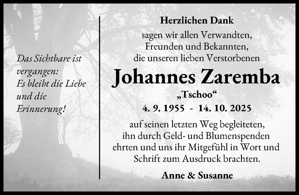  Traueranzeige für Johannes Zaremba vom 22.11.2025 aus Wertinger Zeitung