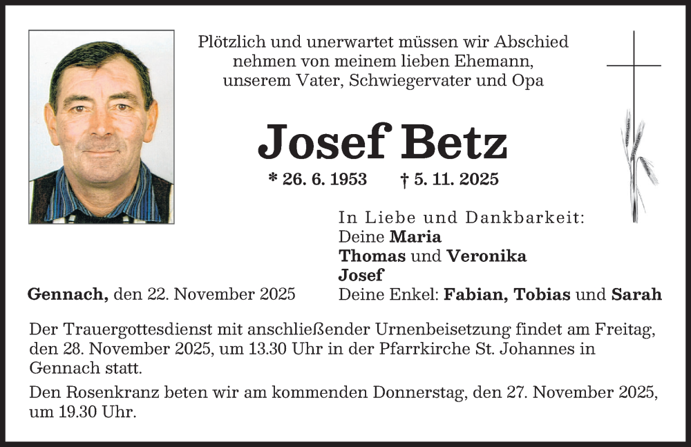 Traueranzeige von Josef Betz von Schwabmünchner Allgemeine