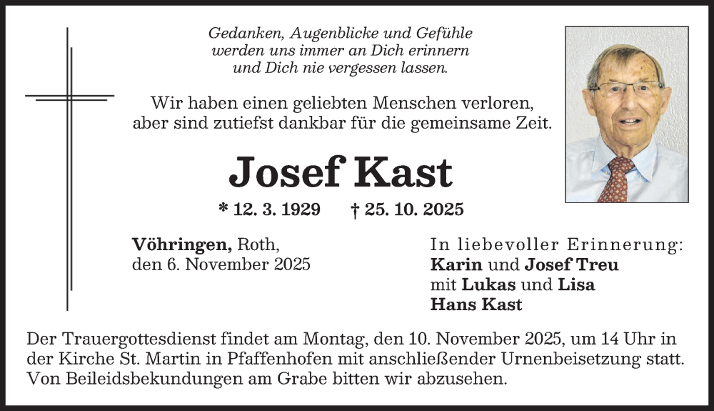 Traueranzeige von Josef Kast von Illertisser Zeitung