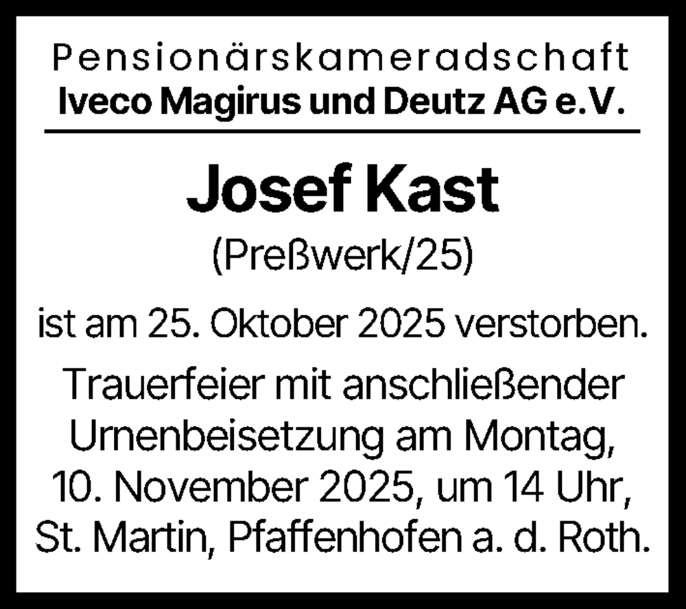 Traueranzeige von Josef Kast von Neu-Ulmer Zeitung, Günzburger Zeitung, Illertisser Zeitung