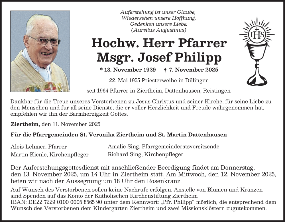 Traueranzeige von Josef Philipp von Donau Zeitung