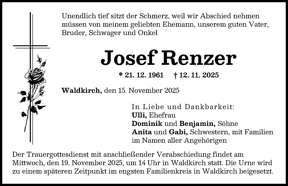 Traueranzeige von Josef Renzer von Günzburger Zeitung, Donau Zeitung